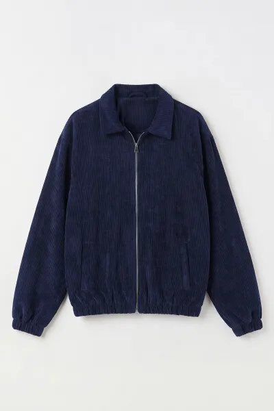 Lacivert Kadife Oversize Fermuarlı Erkek Ceket 491699