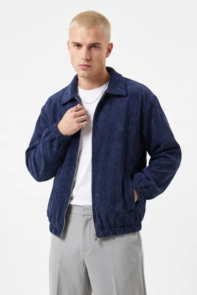 Lacivert Kadife Oversize Fermuarlı Erkek Ceket 491699
