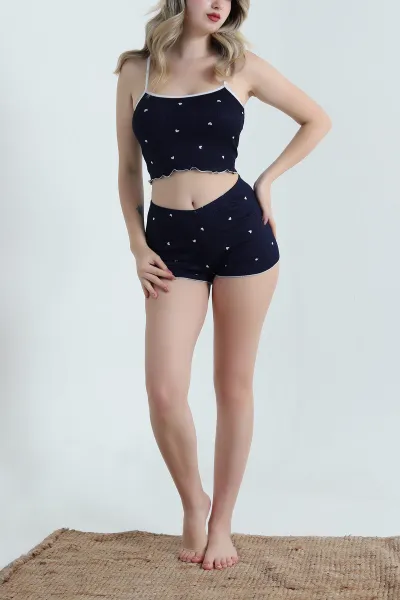 Lacivert Kalp Desenli Askılı Kadın Şortlu Pijama Takımı 466386