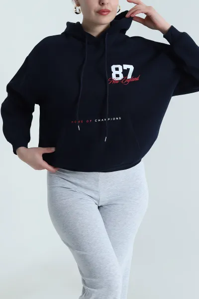 Lacivert Kanguru Cepli Şardonlu Kadın Fermuarsız Sweat 493549