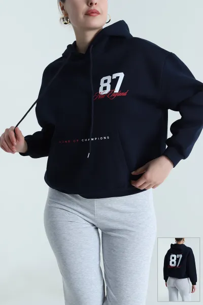 Lacivert Kanguru Cepli Şardonlu Kadın Fermuarsız Sweat 493549
