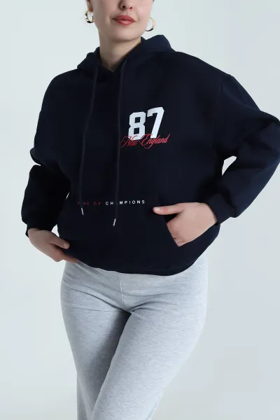 Lacivert Kanguru Cepli Şardonlu Kadın Fermuarsız Sweat 493549