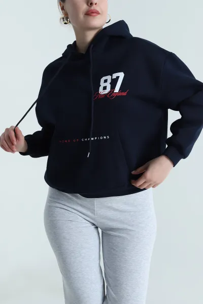 Lacivert Kanguru Cepli Şardonlu Kadın Fermuarsız Sweat 493549
