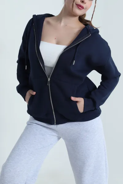 Lacivert Kapşonlu Şardonlu Üç İp Kadın Sweat 482263