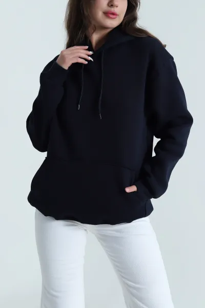 Lacivert Kapşonlu Şardonlu Üç İp Kadın Sweat 484641