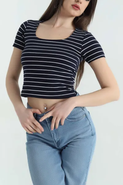 Lacivert Kare Yaka Çizgili Bluz 357338