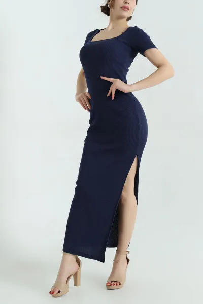 Lacivert Kare Yaka Fitilli Elbise 336818