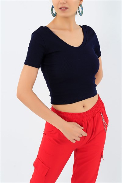 Lacivert Kaşkorse Crop Tişört 36316