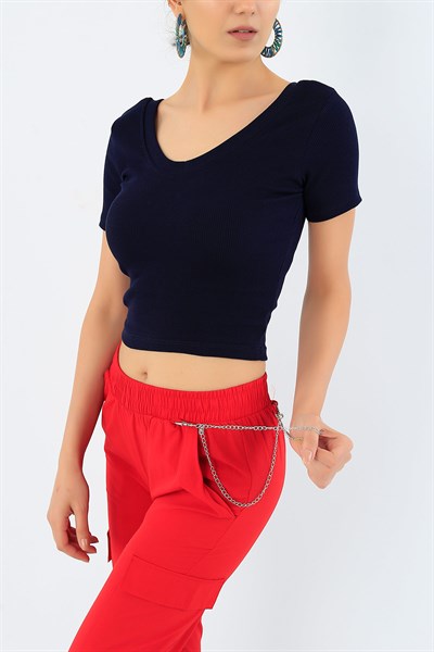 Lacivert Kaşkorse Crop Tişört 36316