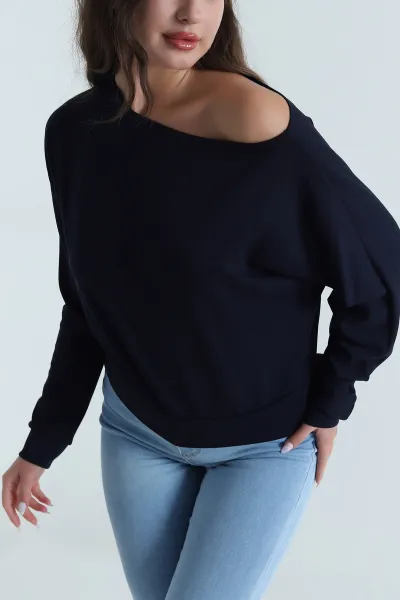 Lacivert Kayık Yaka Modal Kadın Bluz 484697