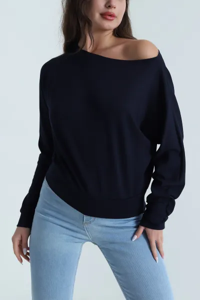 Lacivert Kayık Yaka Modal Kadın Bluz 484697