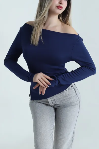 Lacivert Kayık Yaka Modal Kadın Bluz 488623
