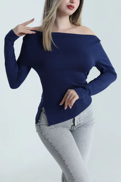 Lacivert Kayık Yaka Modal Kadın Bluz 488623