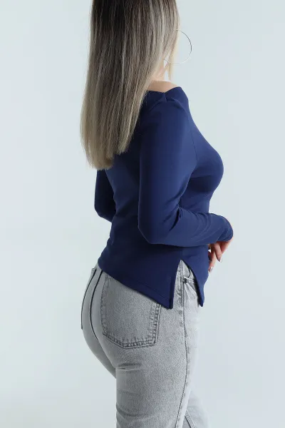 Lacivert Kayık Yaka Modal Kadın Bluz 488623