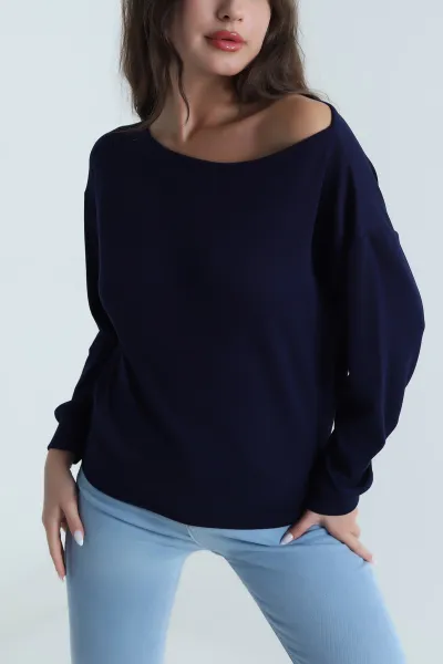 Lacivert Kayık Yaka Oysho Kadın Bluz 485726