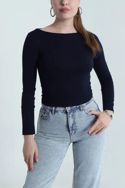Lacivert Kayık Yaka Uzun Kol Oysho Kadın Bluz 484510