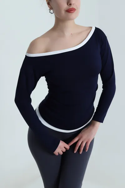 Lacivert Kayık Yaka Yanı Büzgülü Modal Kadın Bluz 498871