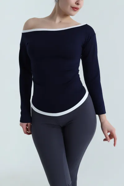 Lacivert Kayık Yaka Yanı Büzgülü Modal Kadın Bluz 498871