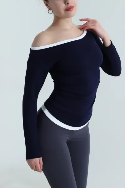 Lacivert Kayık Yaka Yanı Büzgülü Modal Kadın Bluz 498871