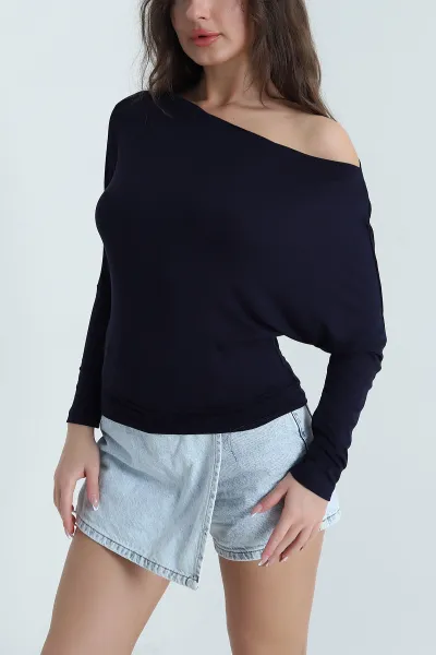 Lacivert Kayık Yakalı Viskon Kadın Badi Bluz 461225