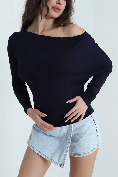 Lacivert Kayık Yakalı Viskon Kadın Badi Bluz 461225
