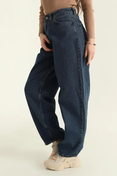 Lacivert Kemer Detay Baggy Bayan Kot Pantolon 329112