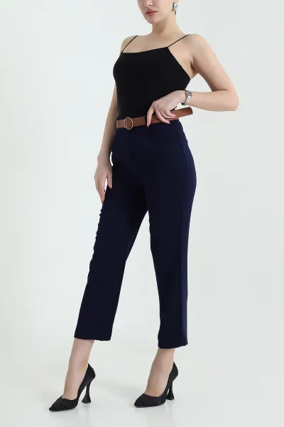 Lacivert Kemerli İthal Crep Kadın Pantolon 436914