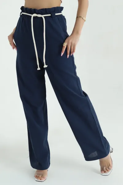 Lacivert Kemerli Keten Kadın Pantolon 377425