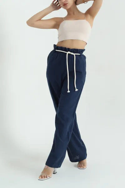 Lacivert Kemerli Keten Kadın Pantolon 377425