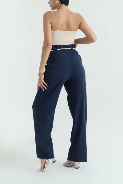 Lacivert Kemerli Keten Kadın Pantolon 377425