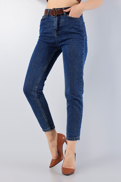 Lacivert Kemerli Mom Bayan Kot Pantolon 79692