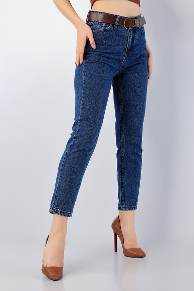 Lacivert Kemerli Mom Bayan Kot Pantolon 79692