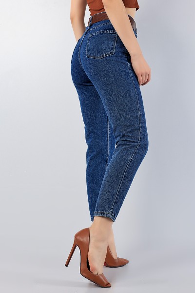 Lacivert Kemerli Mom Bayan Kot Pantolon 79692