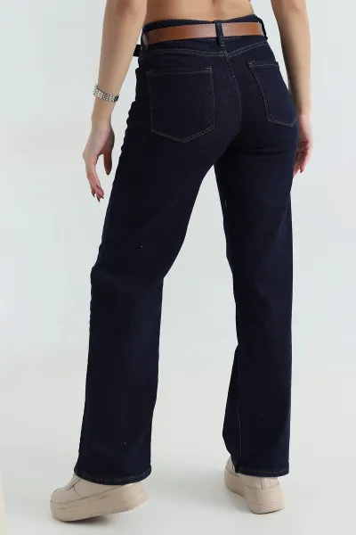 Lacivert Kemerli Palazzo Kadın Kot Pantolon 417085
