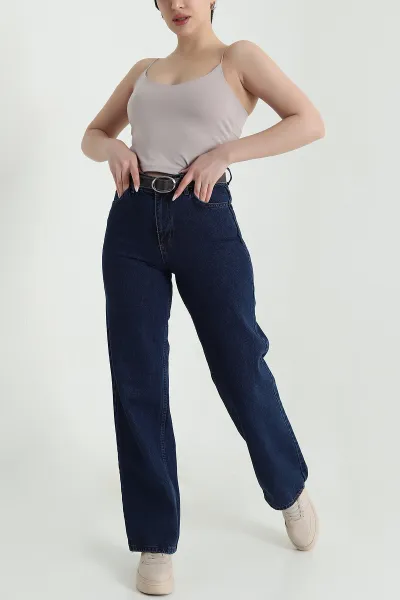 Lacivert Kemerli Palazzo Kadın Kot Pantolon 449762
