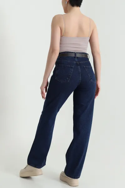 Lacivert Kemerli Palazzo Kadın Kot Pantolon 449762