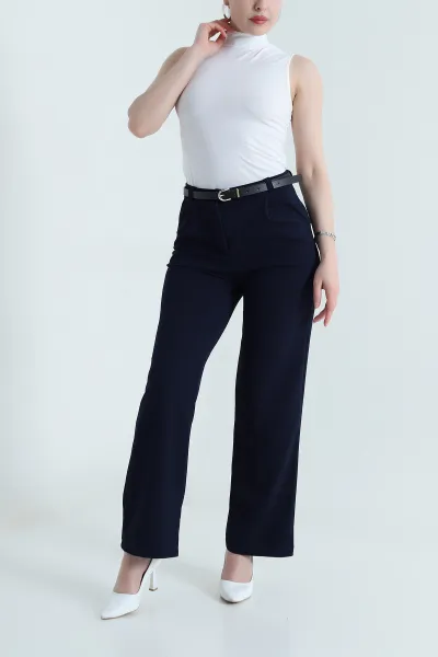 Lacivert Kemerli Palazzo Kadın Pantolon 461576