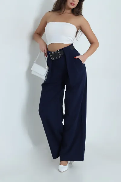 Lacivert Kemerli Poliviskon Kadın Pantolon 493054
