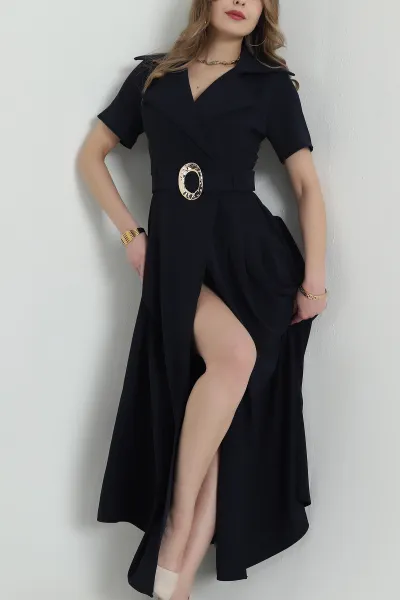 Lacivert Kemerli Twill Kumaş kadın Elbise 425603