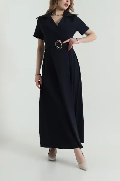 Lacivert Kemerli Twill Kumaş kadın Elbise 425603