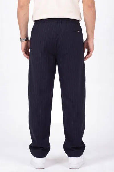 Lacivert Keten Baggy Çizgi Detaylı Belden Bağlamalı Erkek Pantolon 466690