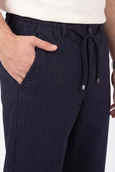 Lacivert Keten Baggy Çizgi Detaylı Belden Bağlamalı Erkek Pantolon 466690