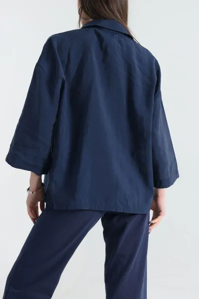 Lacivert Kısa Kol Tencel Oversize Bayan Gömlek 337588