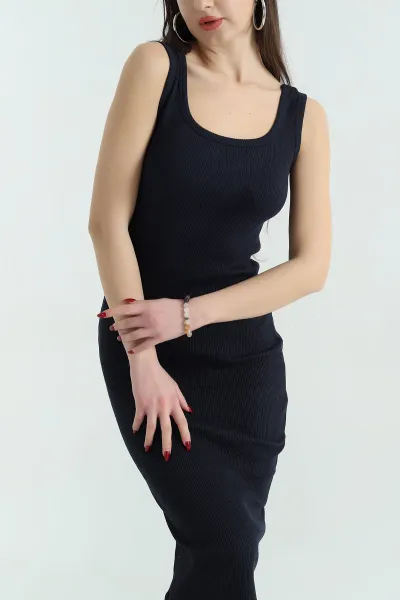 Lacivert Kolsuz Fitilli Likralı Elbise 336780