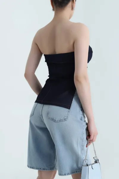 Lacivert Kot Straplez Kadın Bluz 467708