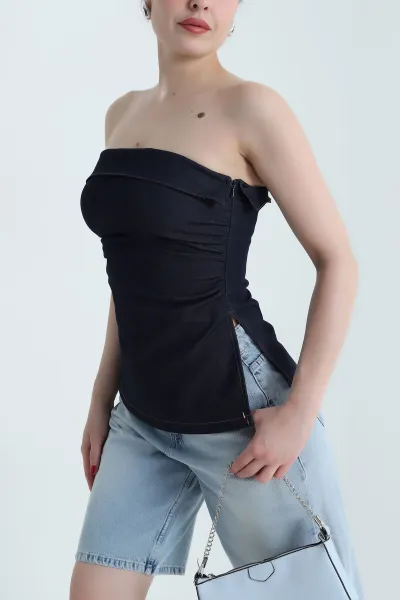 Lacivert Kot Straplez Kadın Bluz 467708