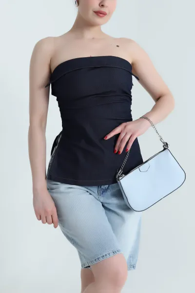 Lacivert Kot Straplez Kadın Bluz 467708