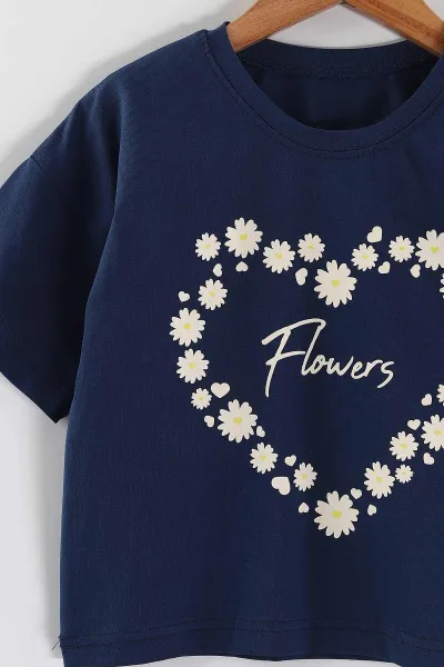 Lacivert Krem (2-5 Yaş) Flowers Baskılı Süprem Tişörtlü Gabardin Şortlu Kız Çocuk Yazlık Takım 445916