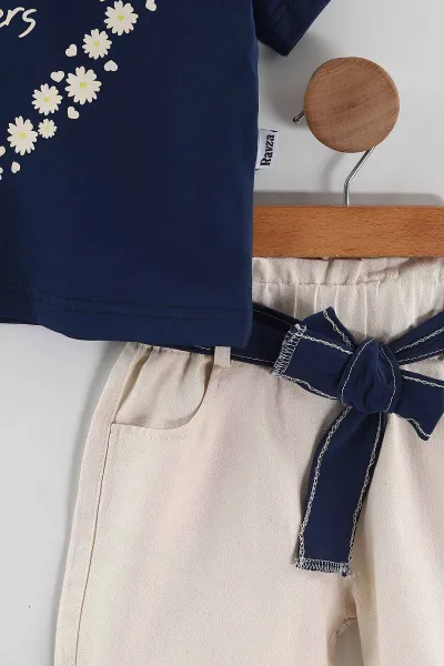 Lacivert Krem (2-5 Yaş) Flowers Baskılı Süprem Tişörtlü Gabardin Şortlu Kız Çocuk Yazlık Takım 445916