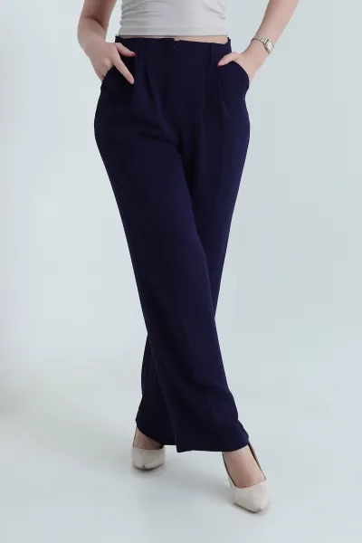 Lacivert Krep Tencel Fermuarlı Cepli Kadın Pantolon 438806